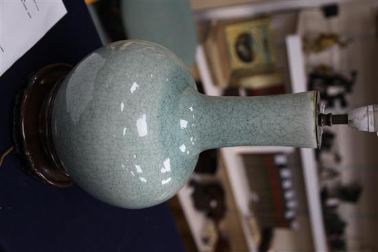 A Chinese celadon crackle-glaze bottle vase, mounted as a lamp, 20th century, height 41cm to rim of vase incl. stand